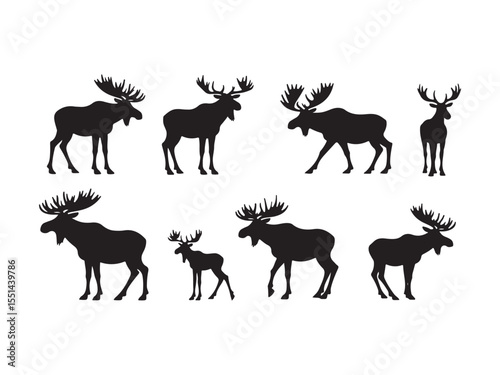 Black silhouettes of moose and deer in various poses