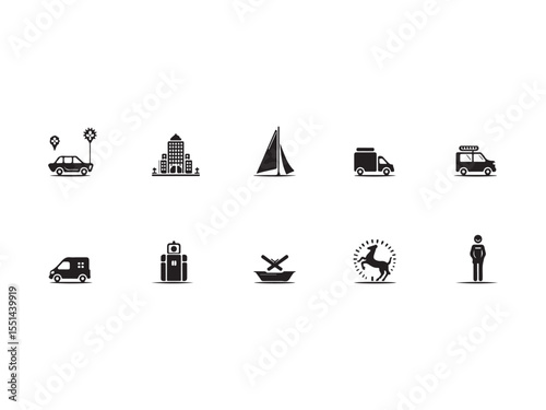 Collection of black icons depicting transportation and objects