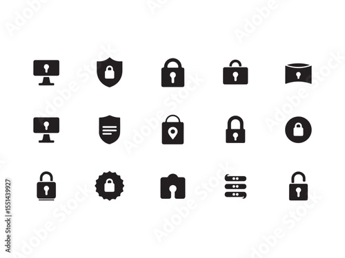 Collection of black security and privacy icons lock