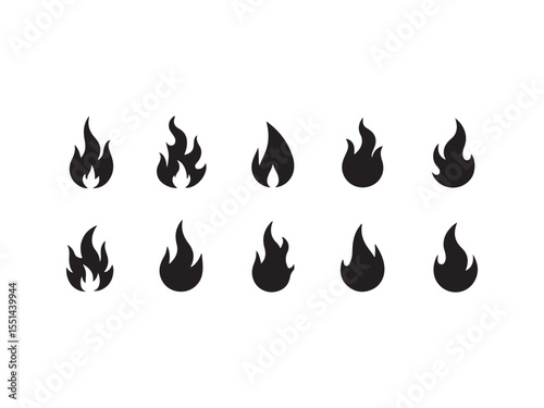 Collection of ten black flame icons on white background 1