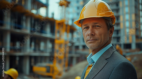 Director businessman in a business suit inspects a construction site. Construction of houses and buildings. Concept of real estate development and housing construction.