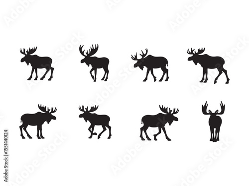 Eight black moose silhouettes on white background deer