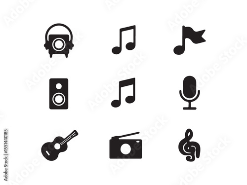 Music icons headphones speaker guitar microphone notes and radio