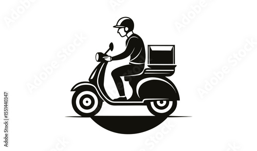 Stylized black and white illustration of a delivery person riding a scooter with a thermal bag
