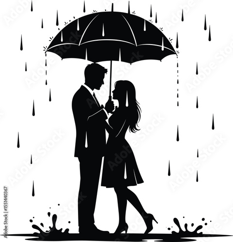 Romantic couple under umbrella, silhouette rain scene, love in rain, holding hands, rainy date illustration, water splash vector, couple intimacy, emotional romantic artwork, love moment