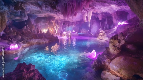 Vibrant Purple and Blue Water Filled Cave Exploration