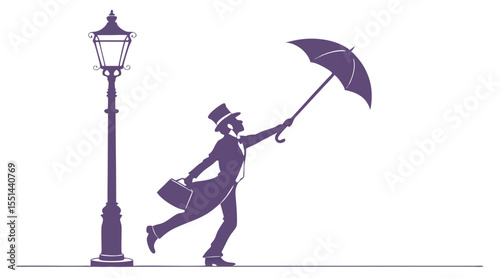 Silhouette of Man with Umbrella and Streetlamp – Vintage Musical Theater Style Illustration