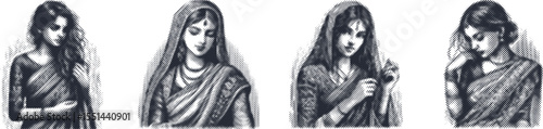 Halftone stipple bundle design featuring a young woman in black sari engraving, detailed dotted texture, vintage style vector art, traditional attire illustration, elegant female portrait
