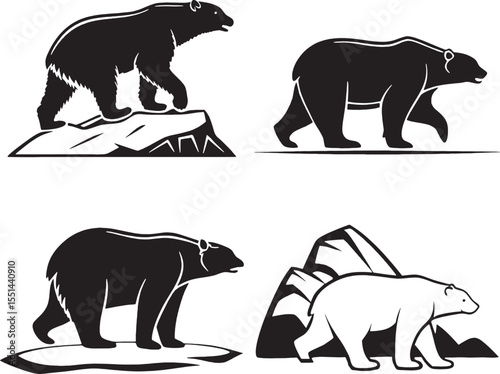 Vector collection of four different bear poses including rocky, flat, and mountain scenes. Great for bundle sales and nature sets.