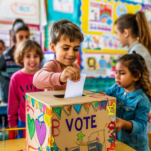 Child casting ballot into handmade voting box in cheerful classroom