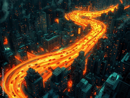 Futuristic cityscape with bright traffic trails winding through skyscrapers
