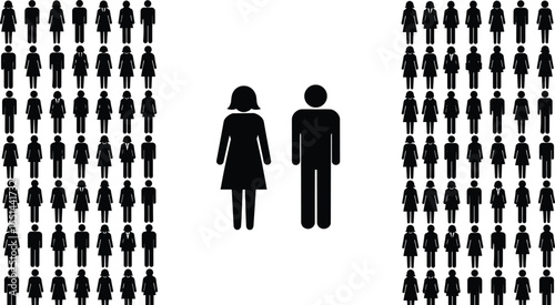 Gender ratio infographic, male and female icon silhouettes, population distribution concept, people pictogram vector, demographic balance data chart, infographic human figure illustration, 