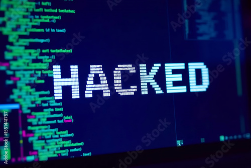 Hacked Text in Glitch Effect with Binary Code Background – Cyber Breach and Digital Security Threat Concept

