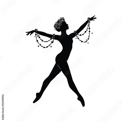 Silhouette of a ballerina adorned with flowers and sparkling garlands elegant dance pose black and white vector illustration
