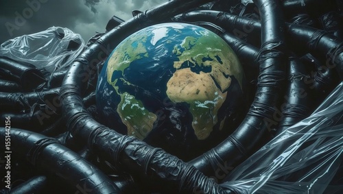 Realistic Earth Globe Surrounded by Thick Pipes and Plastic Waste Under Stormy Sky Symbolizing Pollution