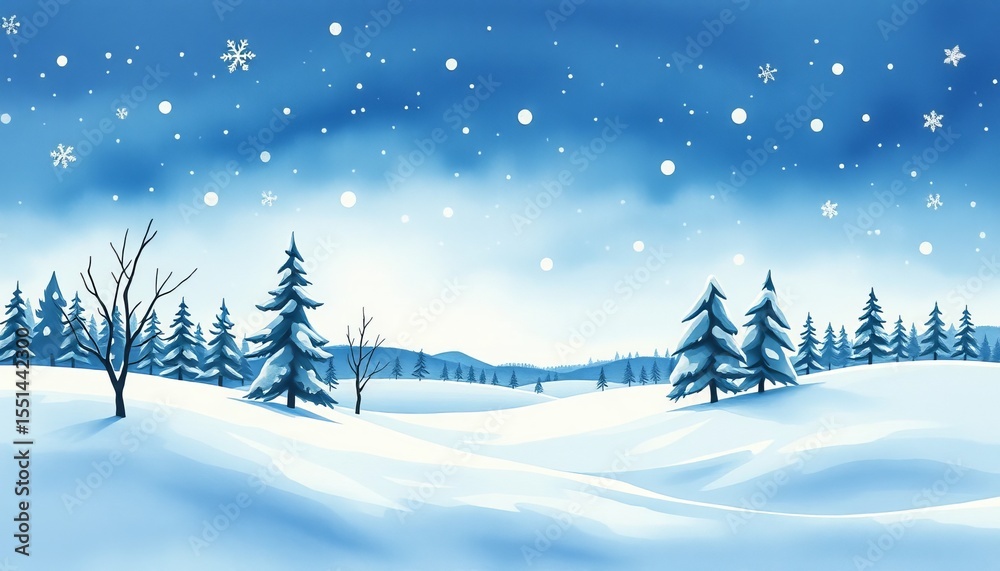 Fototapeta premium Winter spruce forest with the snow-covered spruces and trees hand drawn in watercolor isolated on a blue landscape background. Watercolor winter illustration. Winter landscape.