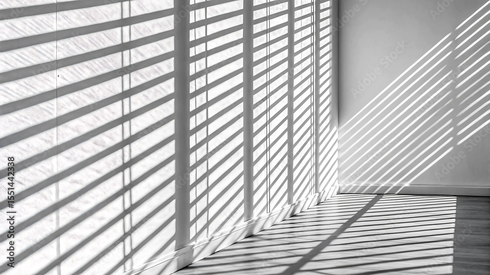 Fototapeta premium Monochrome Sunlight and Shadow Stripes Through Blinds Casting Pattern on Wall and Floor 