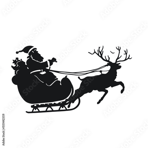 A silhouette illustration of Santa Claus and his reindeer with a sleigh, featuring a fantasy animal drawing