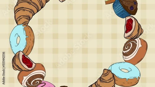 Screensaver video animation Sweet bakery goods wreath for social media background wallpaper with different types of baking products, confectionery. Bakery shop and cafeteria restaurant decoration