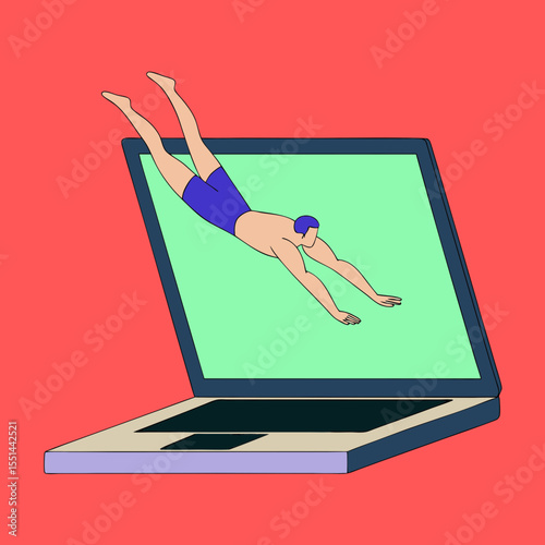 A man in a swim suit dives into a laptop screen