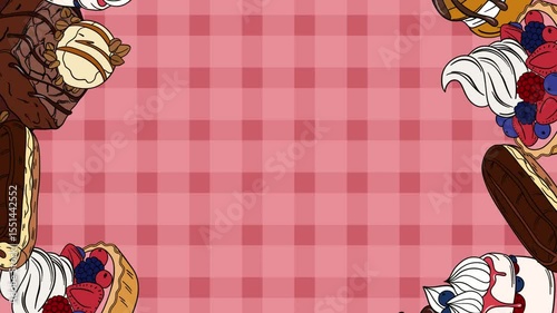 Screensaver video animation Sweet bakery goods wreath for social media background wallpaper with different types of baking products, confectionery. Bakery shop and cafeteria restaurant decoration