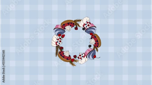 Screensaver video animation Sweet bakery goods wreath for social media background wallpaper with different types of baking products, confectionery. Bakery shop and cafeteria restaurant decoration