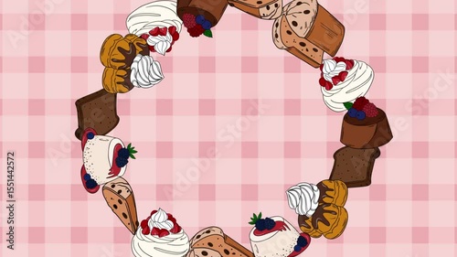Screensaver video animation Sweet bakery goods wreath for social media background wallpaper with different types of baking products, confectionery. Bakery shop and cafeteria restaurant decoration