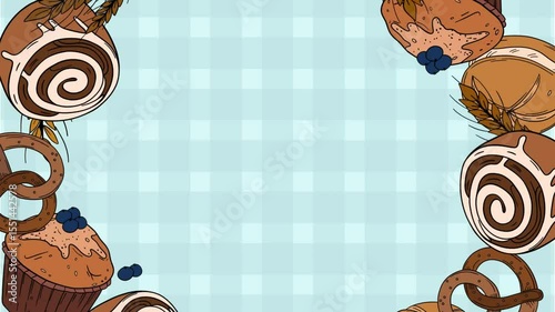 Screensaver video animation Sweet bakery goods wreath for social media background wallpaper with different types of baking products, confectionery. Bakery shop and cafeteria restaurant decoration