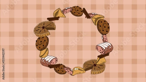 Screensaver video animation Sweet bakery goods wreath for social media background wallpaper with different types of baking products, confectionery. Bakery shop and cafeteria restaurant decoration