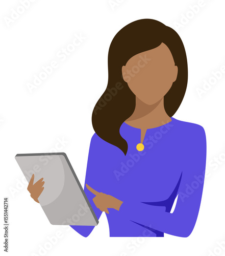 Mixed race woman with long hair, confidently holding a tablet. The minimal design is ideal for depicting a businesswoman, manager, entrepreneur, diversity, and professionalism in the workplace.