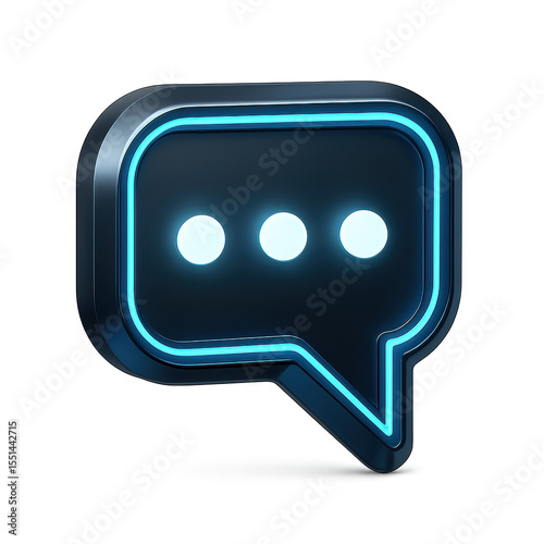 Neon Speech Bubble: A sleek, modern icon of a chat bubble, rendered in a striking, digital aesthetic, glows with a neon outline and three glowing dots, suggesting online conversation and messaging.