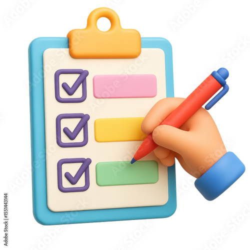 Checklist 3D Render: A cheerful 3D rendered image of a hand completing a checklist on a clipboard.  The vibrant colors and playful design evoke a sense of accomplishment and organization.