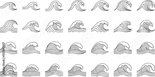 Wave icon collection, ocean surf symbol set, stylized sea illustrations, marine water crest elements, black line art, hand drawn tidal designs for beach, summer, nautical themes.