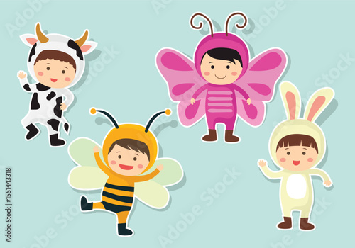 Children wearing diverse costumes celebrating a fun event or party