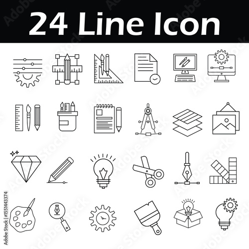 24 Office & School Line Icons – Minimalist Vector Illustration in Black and White