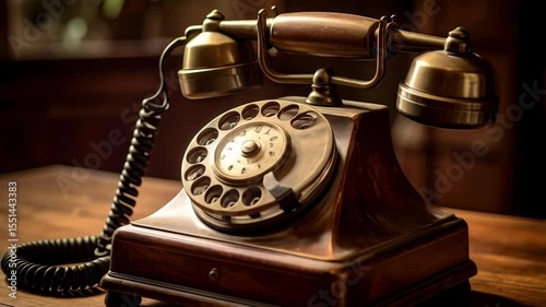 Vintage-style rotary dial telephone in a warmly lit, antique interior setting showing communication technology history