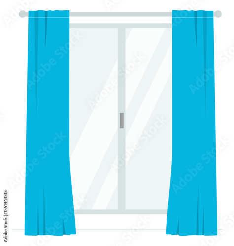 Illustration of a window with blue curtains in a flat design style, vector illustration.