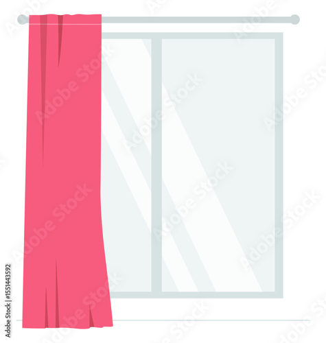 Window with a pink curtain hanging on one side in a bright room illustration