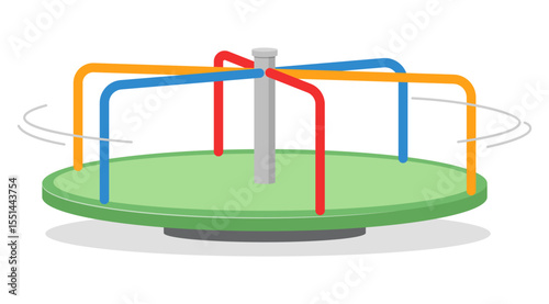 Illustration of a colorful merry go round on a green platform rotating
