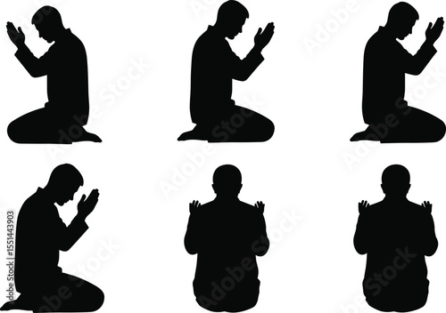 Muslim man praying silhouette vector, Islamic worship, faith concept, kneeling prayer pose, dua hands raised, religious devotion, spiritual art illustration, Islamic prayer black icon.
