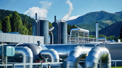 Geothermal power plant. Green energy. Geothermal power plant pipeline and steam. Clean green renewable energy. Alternative energy. Clean ecology. Environmental protection. Healthy lifestyle