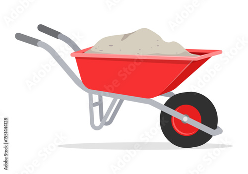 Illustration of a Red Wheelbarrow Full of Sand Isolated on White Background in Flat Style