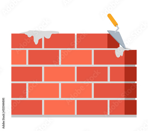 Brick wall and trowel with mortar for bricklaying vector illustration
