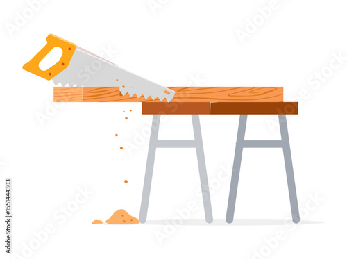 Saw cutting through wooden planks on a workbench with sawdust flying in illustration style