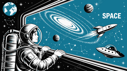 Astronaut looking at galaxy with planets rocket and ufo with text i need more space in space view