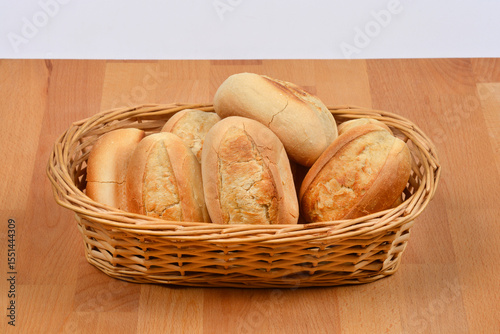 Wicker basket filled with freshly baked, golden bread rolls placed on a wooden surface