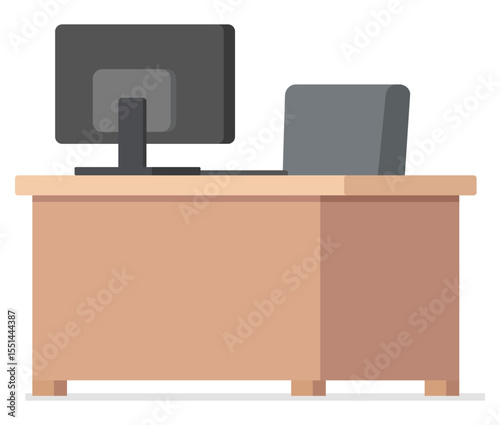 A desk with a computer and chair illustration with light brown and gray color, flat design.