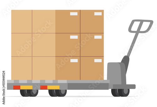 Hand truck loaded with stacked cardboard boxes for delivery in flat vector design