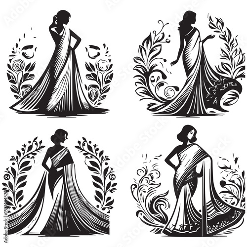 A black and white logo with a woman wearing  saree vector