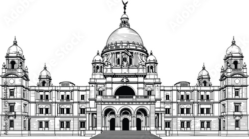 Victoria Memorial building, historical monument illustration, Indian architecture line art, colonial heritage, iconic Kolkata landmark, famous tourist attraction, classic dome structure,
